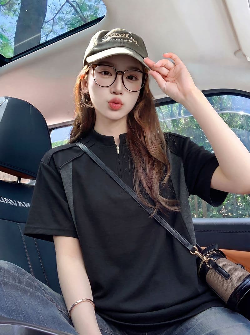 220 그램 남자 바 면 반팔 티셔츠 여성 의류 여름 새로운 루즈핏 삽입 색상 지퍼 스탠드 칼라 한국 스타일 맨위 이미지 4