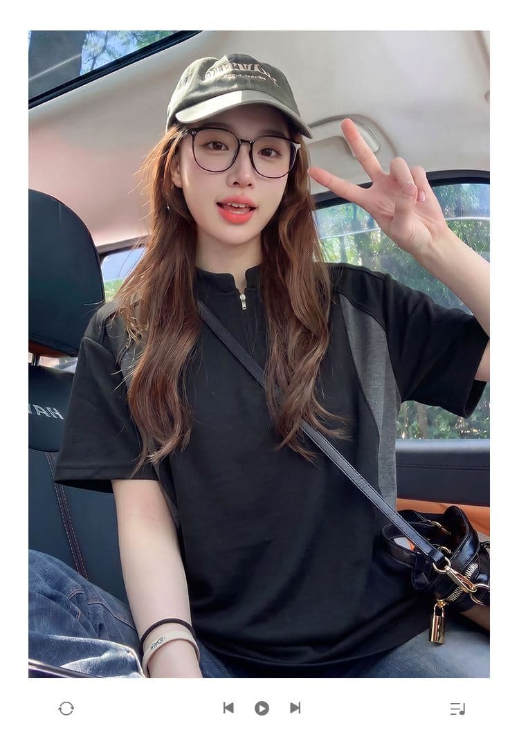 220 그램 남자 바 면 반팔 티셔츠 여성 의류 여름 새로운 루즈핏 삽입 색상 지퍼 스탠드 칼라 한국 스타일 맨위 상세 이미지 1