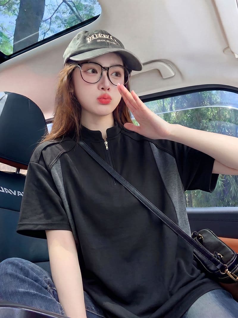 220 그램 남자 바 면 반팔 티셔츠 여성 의류 여름 새로운 루즈핏 삽입 색상 지퍼 스탠드 칼라 한국 스타일 맨위 상세 이미지 9