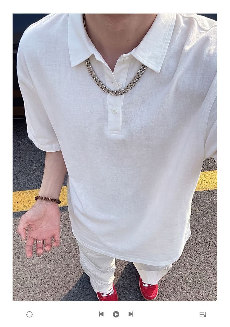 반팔 티셔츠 남녀 커플룩 여름 새로운 루즈핏 오래된 돈 바람 단색 POLO 칼라 한국 스타일 맨위 상세 이미지 1
