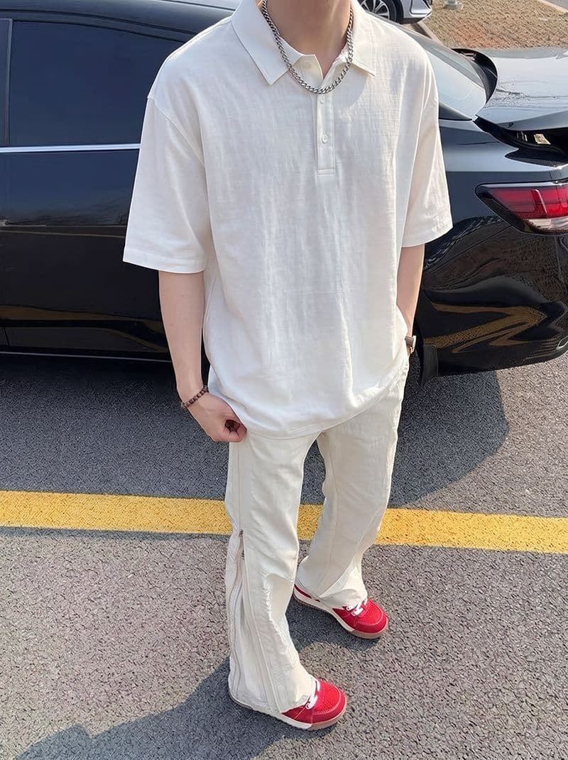 반팔 티셔츠 남녀 커플룩 여름 새로운 루즈핏 오래된 돈 바람 단색 POLO 칼라 한국 스타일 맨위 상세 이미지 6
