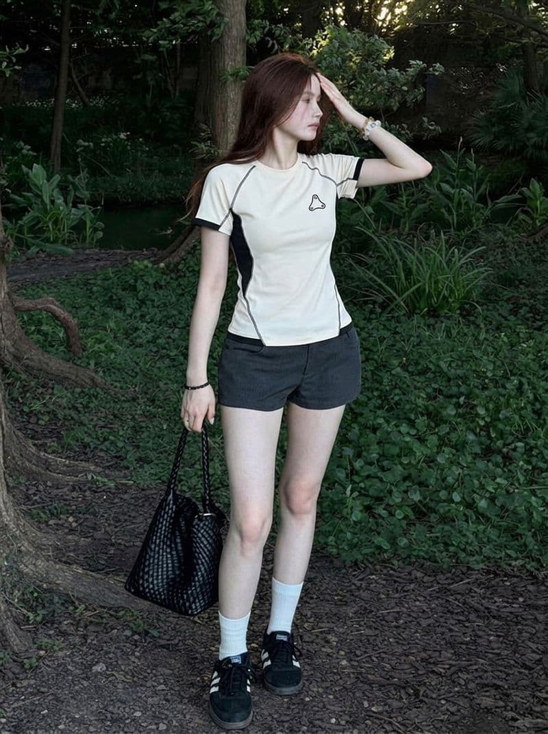 1 1 순면 리브 220 그램 반팔 티셔츠 여성 의류 여름 새로운 디자인 센스 삽입 색상 라운드 넥 맨위 이미지 3