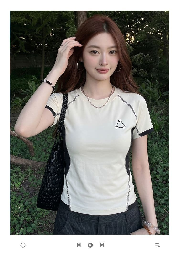 1 1 순면 리브 220 그램 반팔 티셔츠 여성 의류 여름 새로운 디자인 센스 삽입 색상 라운드 넥 맨위 상세 이미지 1