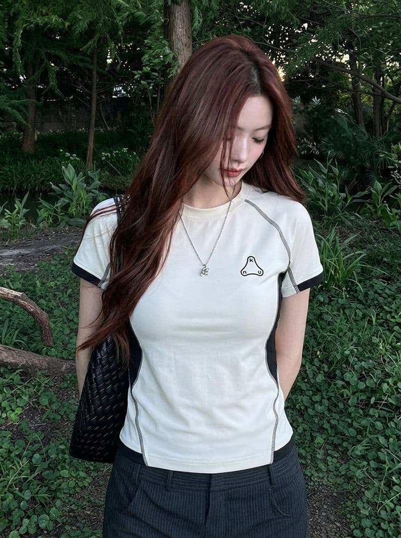 1 1 순면 리브 220 그램 반팔 티셔츠 여성 의류 여름 새로운 디자인 센스 삽입 색상 라운드 넥 맨위 상세 이미지 8
