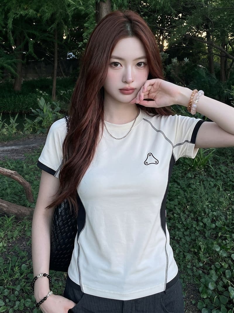 1 1 순면 리브 220 그램 반팔 티셔츠 여성 의류 여름 새로운 디자인 센스 삽입 색상 라운드 넥 맨위 상세 이미지 9