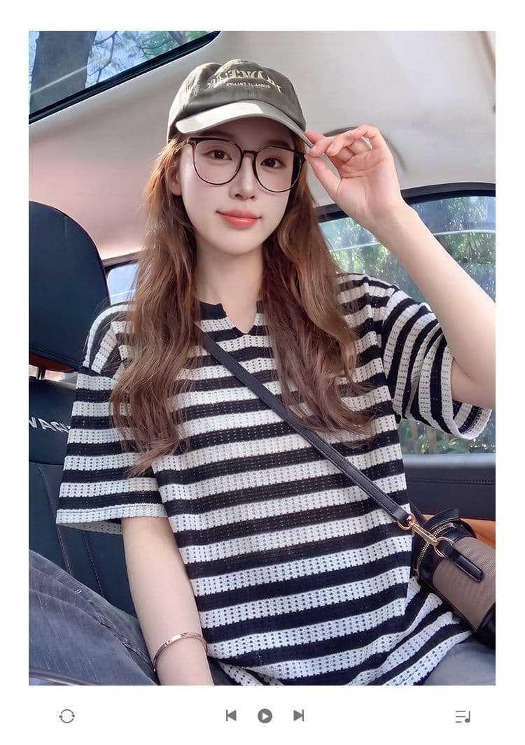 반팔 티셔츠 남자 여성 의류 여름 새로운 트렌디 한 부서 디자인 센스 홀로우 아웃 스트라이프 루즈핏 V넥 맨위 상세 이미지 1