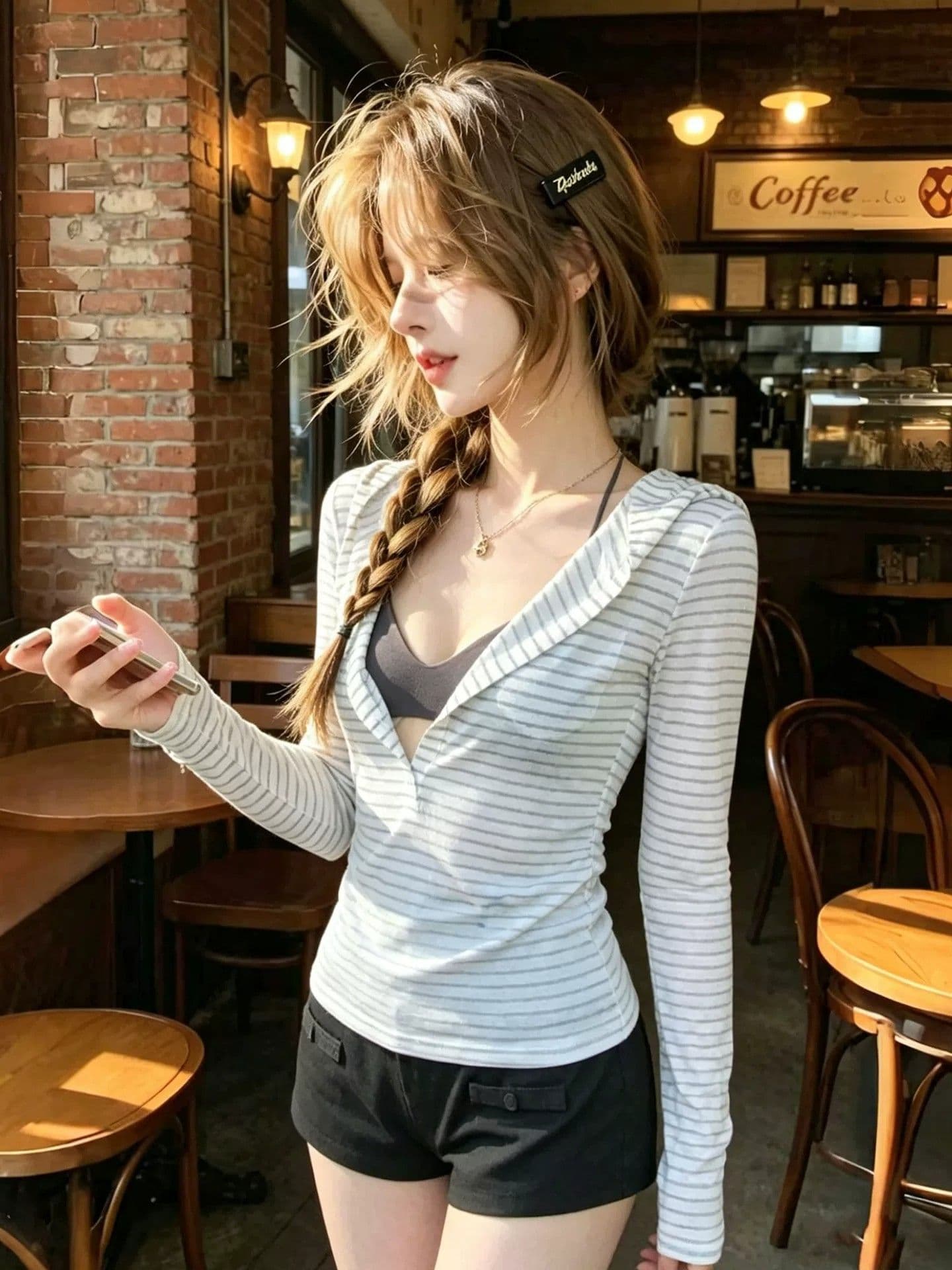 150그램 65 라이 경기 서울 35 폴리 에스터 스트라이프 반 개방 칼라 후드 얇은 스타일 티셔츠 여성 여름 긴팔 자외선 차단 블라우스 맨위 상세 이미지 2