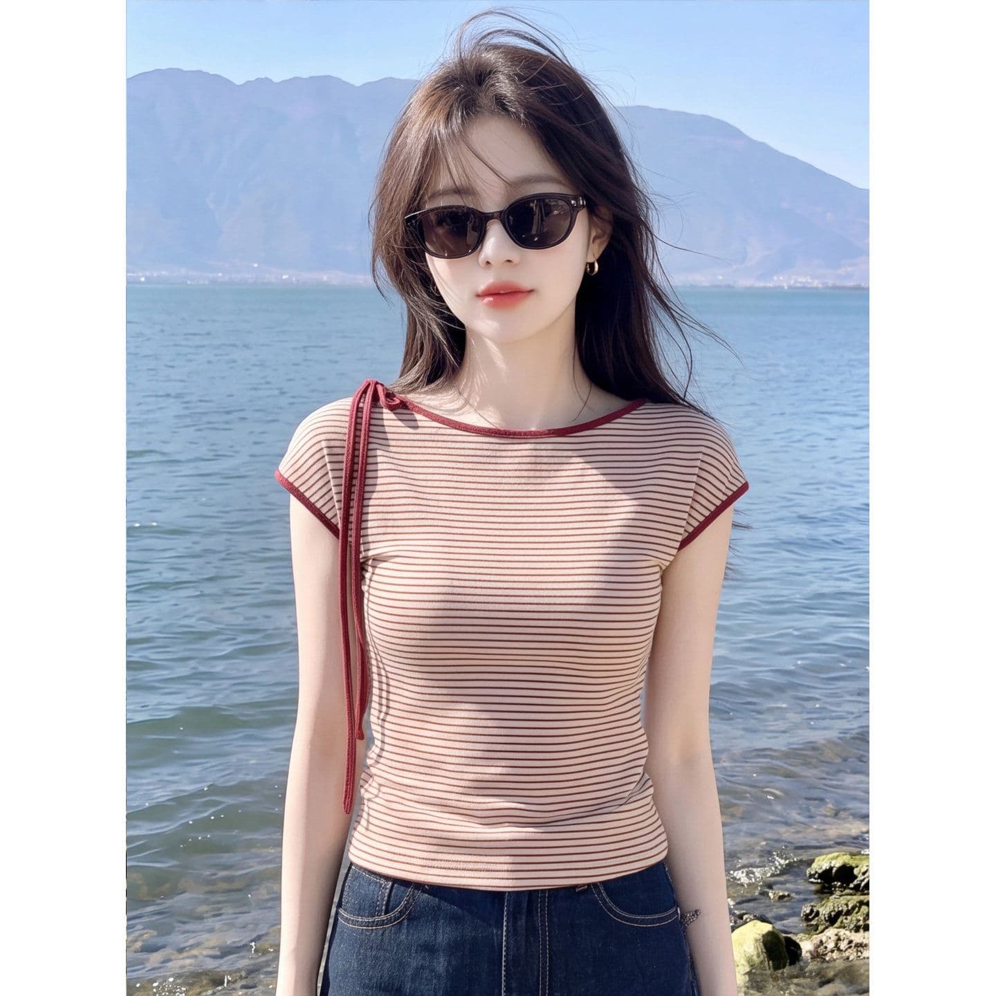 240 그램 수 슈앙 리브 95 폴리 에스터 5 암모니아 Lun 스트라이프 레이스업 작은 날다 소매 티셔츠 여성 여름 슬림해 보이는 몸매 가꾸기 맨위 이미지 5