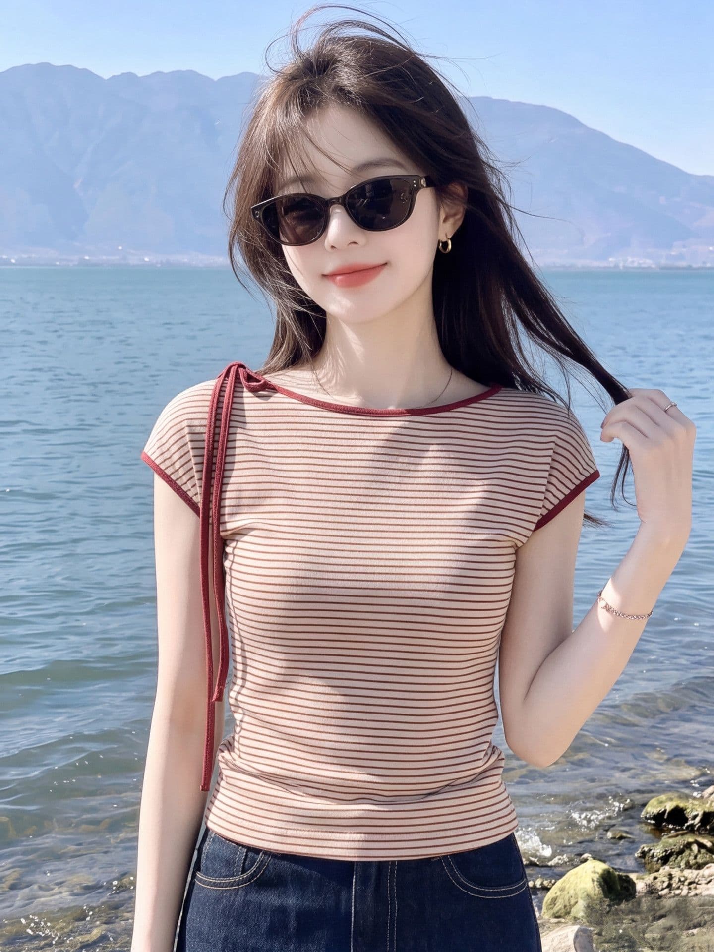 240 그램 수 슈앙 리브 95 폴리 에스터 5 암모니아 Lun 스트라이프 레이스업 작은 날다 소매 티셔츠 여성 여름 슬림해 보이는 몸매 가꾸기 맨위 상세 이미지 2