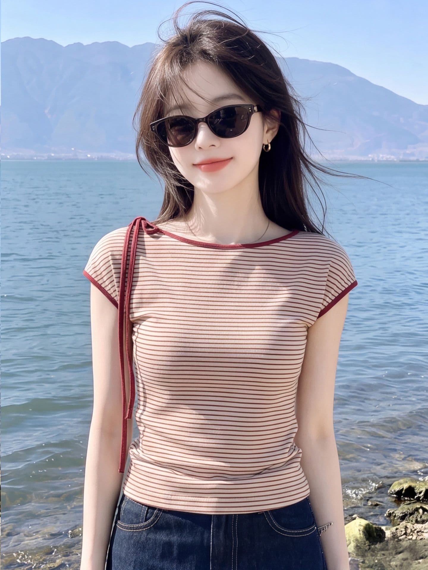 240 그램 수 슈앙 리브 95 폴리 에스터 5 암모니아 Lun 스트라이프 레이스업 작은 날다 소매 티셔츠 여성 여름 슬림해 보이는 몸매 가꾸기 맨위 상세 이미지 3