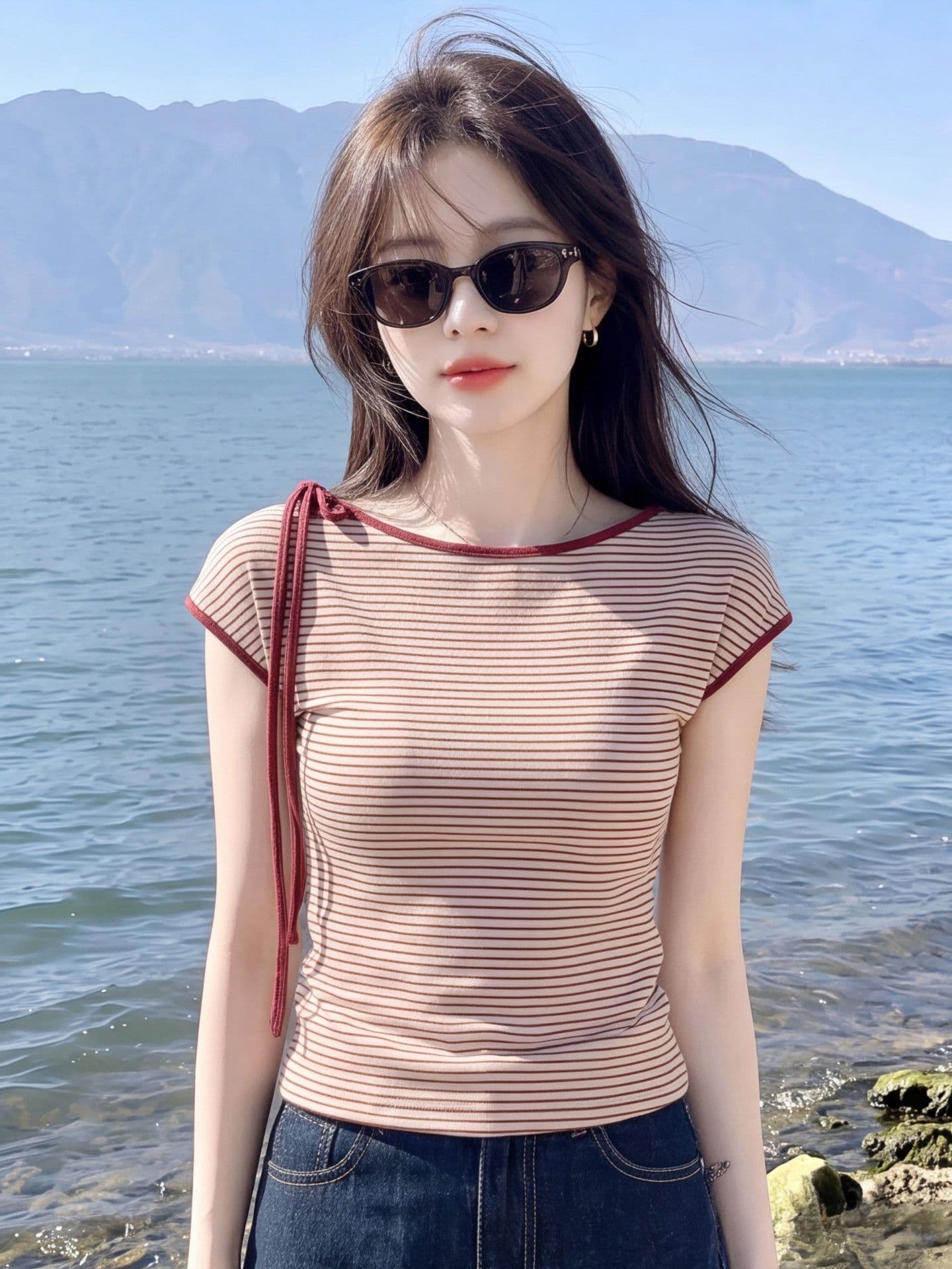 240 그램 수 슈앙 리브 95 폴리 에스터 5 암모니아 Lun 스트라이프 레이스업 작은 날다 소매 티셔츠 여성 여름 슬림해 보이는 몸매 가꾸기 맨위 상세 이미지 4