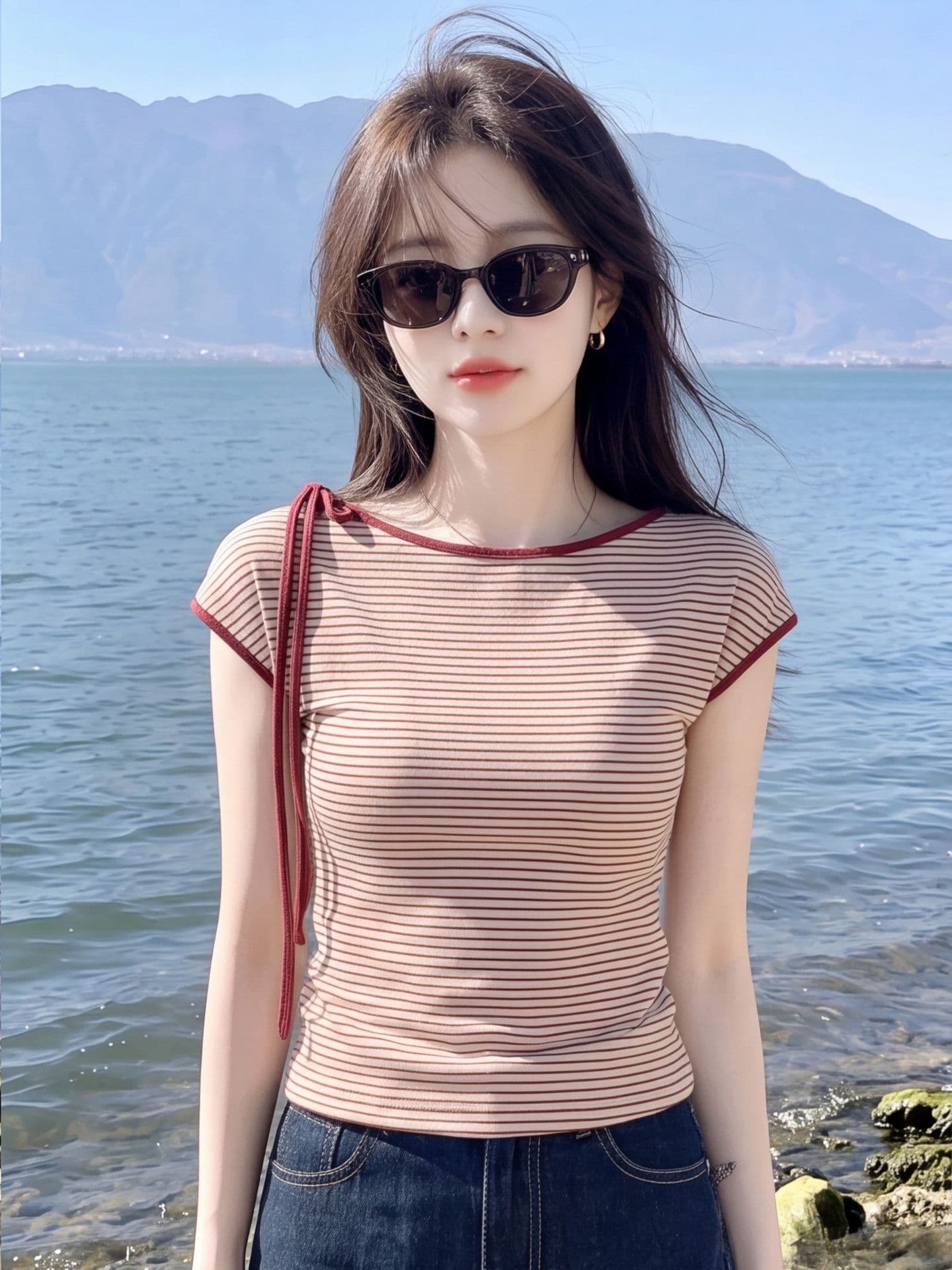 240 그램 수 슈앙 리브 95 폴리 에스터 5 암모니아 Lun 스트라이프 레이스업 작은 날다 소매 티셔츠 여성 여름 슬림해 보이는 몸매 가꾸기 맨위 상세 이미지 5
