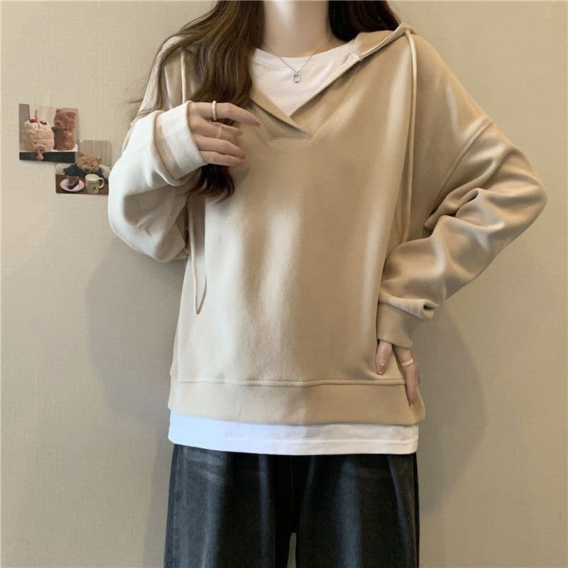 이후 패키지 칼라 음식 털 후아 면 복합 우유 실크 320 그램 얇은 스타일 패치워크 페이크 레이어드 후드 티 스웨터 여성 상세 이미지 2