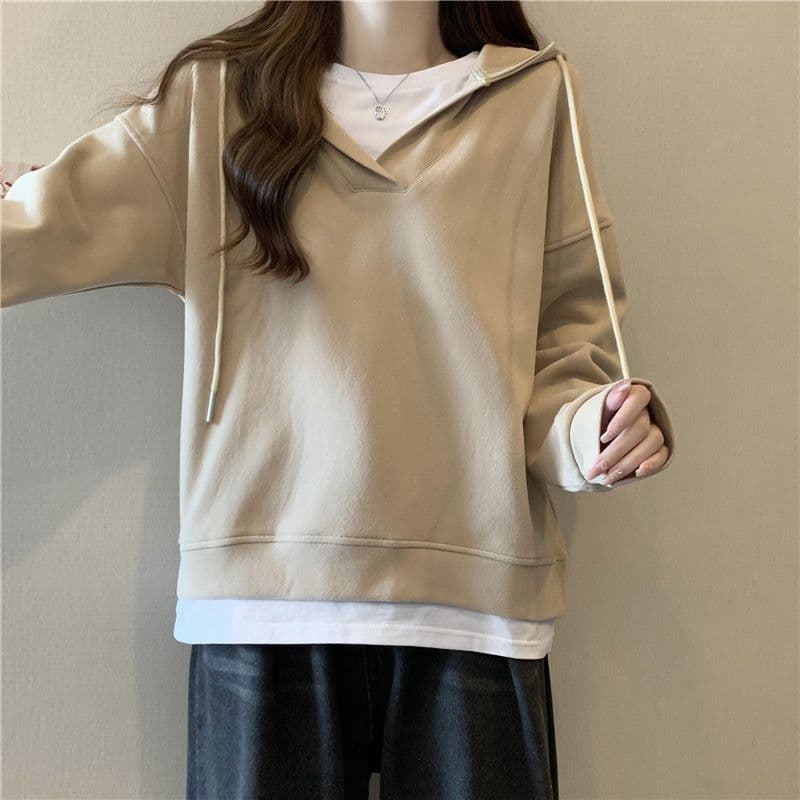 이후 패키지 칼라 음식 털 후아 면 복합 우유 실크 320 그램 얇은 스타일 패치워크 페이크 레이어드 후드 티 스웨터 여성 상세 이미지 3
