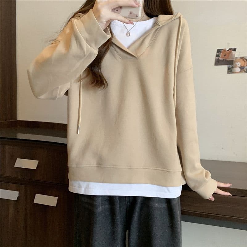 이후 패키지 칼라 음식 털 후아 면 복합 우유 실크 320 그램 얇은 스타일 패치워크 페이크 레이어드 후드 티 스웨터 여성 상세 이미지 4