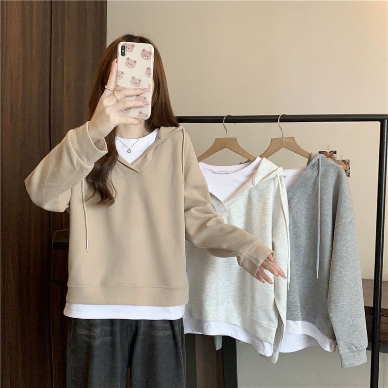 이후 패키지 칼라 음식 털 후아 면 복합 우유 실크 320 그램 얇은 스타일 패치워크 페이크 레이어드 후드 티 스웨터 여성 상세 이미지 5