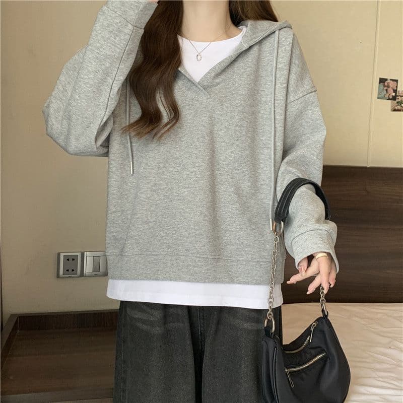 이후 패키지 칼라 음식 털 후아 면 복합 우유 실크 320 그램 얇은 스타일 패치워크 페이크 레이어드 후드 티 스웨터 여성 상세 이미지 8