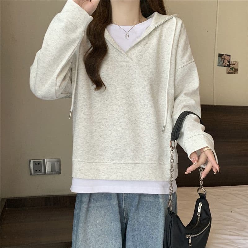 이후 패키지 칼라 음식 털 후아 면 복합 우유 실크 320 그램 얇은 스타일 패치워크 페이크 레이어드 후드 티 스웨터 여성 상세 이미지 10