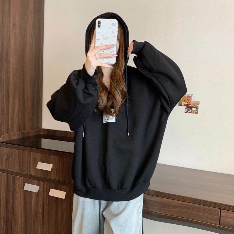 후아 면 복합 우유 실크 느긋한 바람 배트윙 소매 루즈핏 V넥 후드 맨위 풀오버 스웨트셔츠 여성 코트 상세 이미지 6