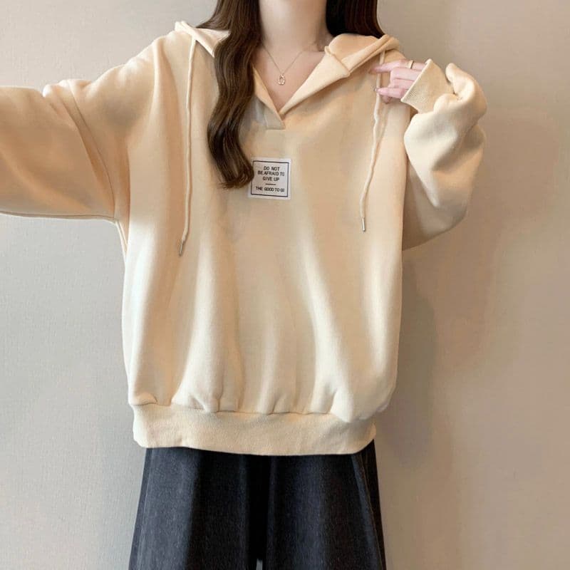후아 면 복합 우유 실크 느긋한 바람 배트윙 소매 루즈핏 V넥 후드 맨위 풀오버 스웨트셔츠 여성 코트 상세 이미지 8