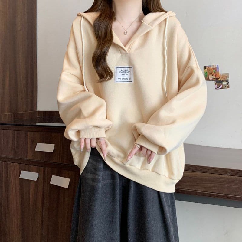 후아 면 복합 우유 실크 느긋한 바람 배트윙 소매 루즈핏 V넥 후드 맨위 풀오버 스웨트셔츠 여성 코트 상세 이미지 9