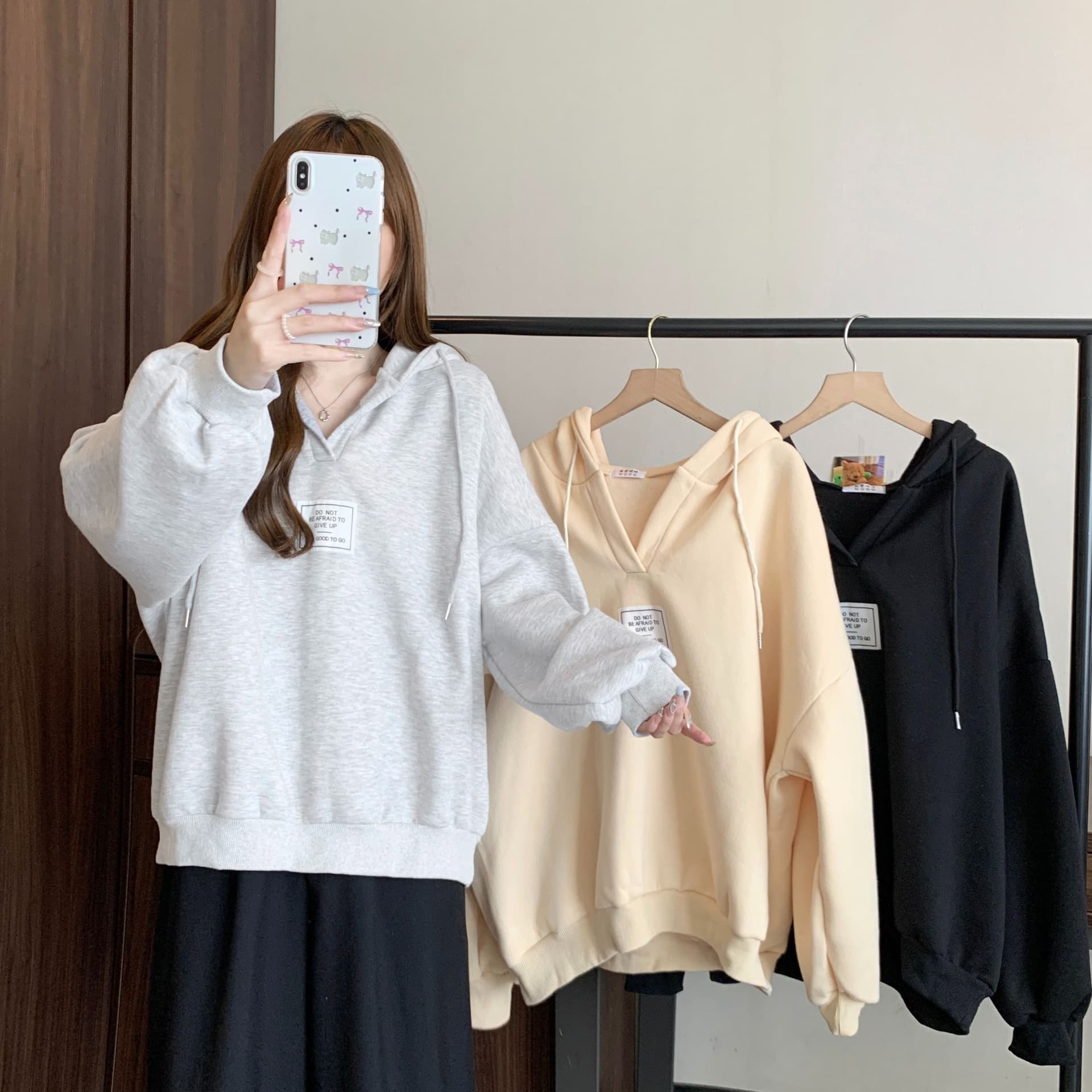 후아 면 복합 우유 실크 느긋한 바람 배트윙 소매 루즈핏 V넥 후드 맨위 풀오버 스웨트셔츠 여성 코트 상세 이미지 21