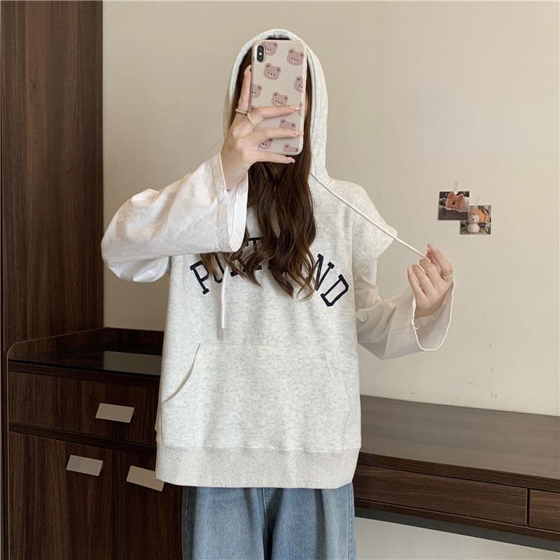 이후 패키지 칼라 음식 털 후아 면 복합 우유 실크 320 그램 얇은 스타일 후드 알파벳 자수 베스트 후드티 여성 상세 이미지 9