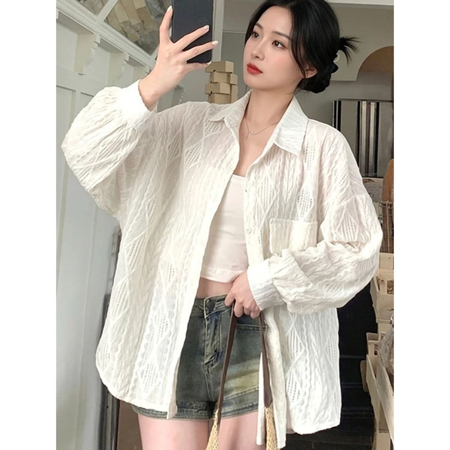원본 품질 얇은 스타일 태양 보호 셔츠 여성 코트 가을 홀로우 아웃 자수 셔츠 맨위 이미지 5
