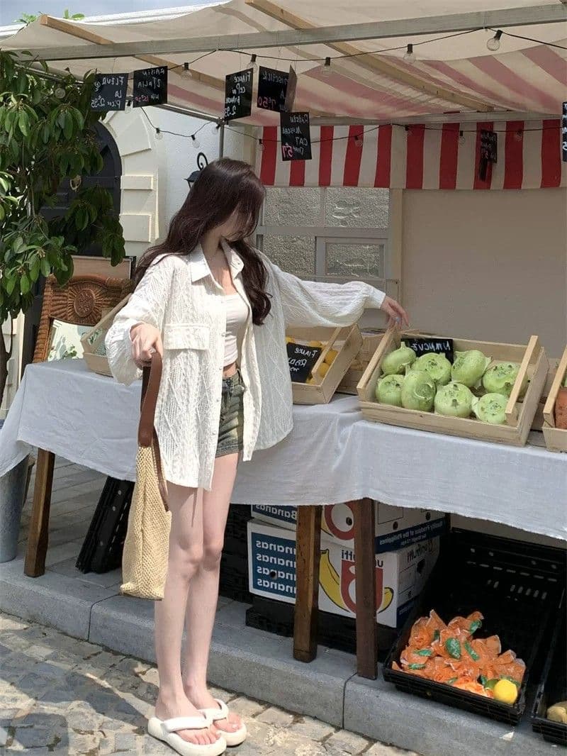원본 품질 얇은 스타일 태양 보호 셔츠 여성 코트 가을 홀로우 아웃 자수 셔츠 맨위 상세 이미지 8