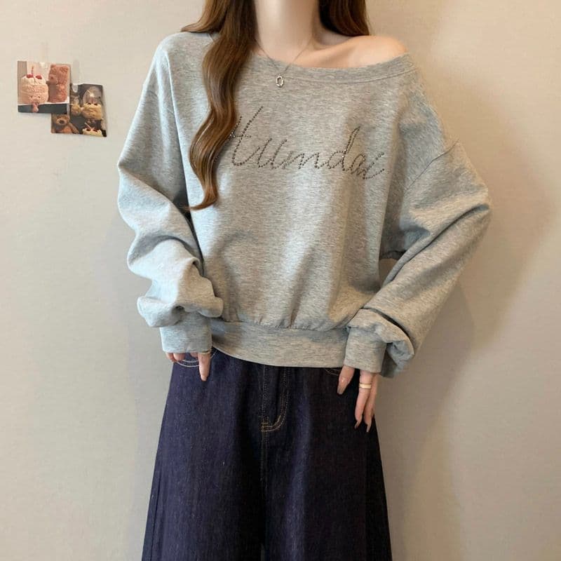 아메리칸 느긋한 chic 회색 비스듬한 어깨 쇼트 스타일 후드티 여성 봄 가을 새로운 핫걸 느긋한 바람 긴팔 맨위 이미지 5