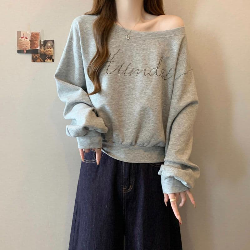 아메리칸 느긋한 chic 회색 비스듬한 어깨 쇼트 스타일 후드티 여성 봄 가을 새로운 핫걸 느긋한 바람 긴팔 맨위 상세 이미지 2