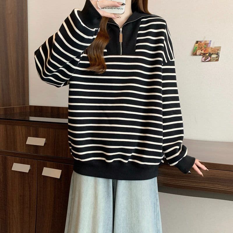 스트라이프 polo 폴로 칼라 긴팔 후드티 여성 봄 가을 얇은 스타일 한국 스타일 루즈핏 캐주얼 하프 지퍼 맨위 상세 이미지 14