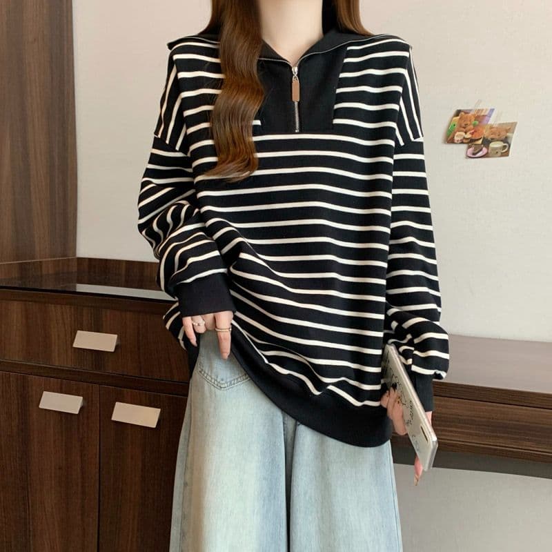 스트라이프 polo 폴로 칼라 긴팔 후드티 여성 봄 가을 얇은 스타일 한국 스타일 루즈핏 캐주얼 하프 지퍼 맨위 상세 이미지 15