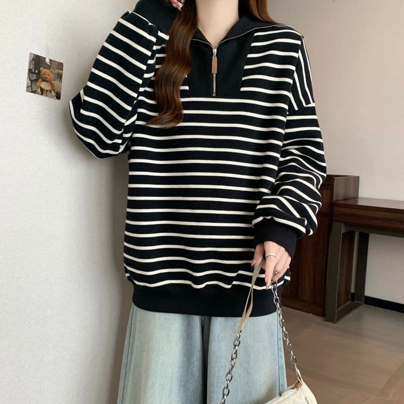 스트라이프 polo 폴로 칼라 긴팔 후드티 여성 봄 가을 얇은 스타일 한국 스타일 루즈핏 캐주얼 하프 지퍼 맨위 상세 이미지 17
