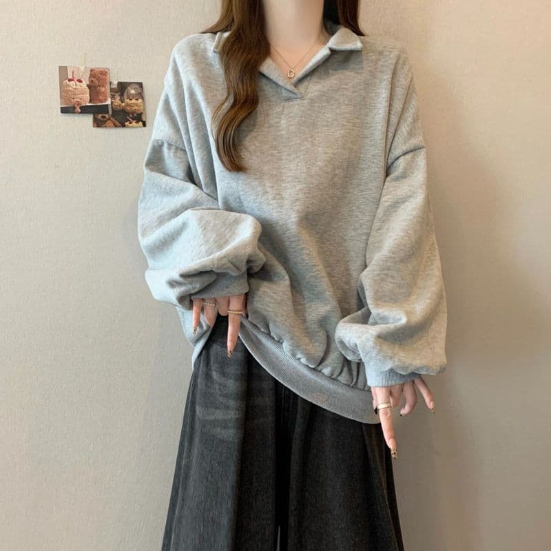 후아 면 chic 가을 겨울 작은 대중 느긋한 바람 POLO 칼라 루즈핏 캐주얼 다용도 벌룬 소매 풀오버 스웨트셔츠 여성 이미지 2