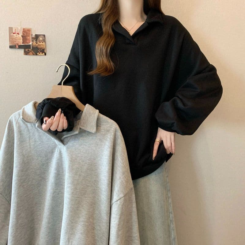 후아 면 chic 가을 겨울 작은 대중 느긋한 바람 POLO 칼라 루즈핏 캐주얼 다용도 벌룬 소매 풀오버 스웨트셔츠 여성