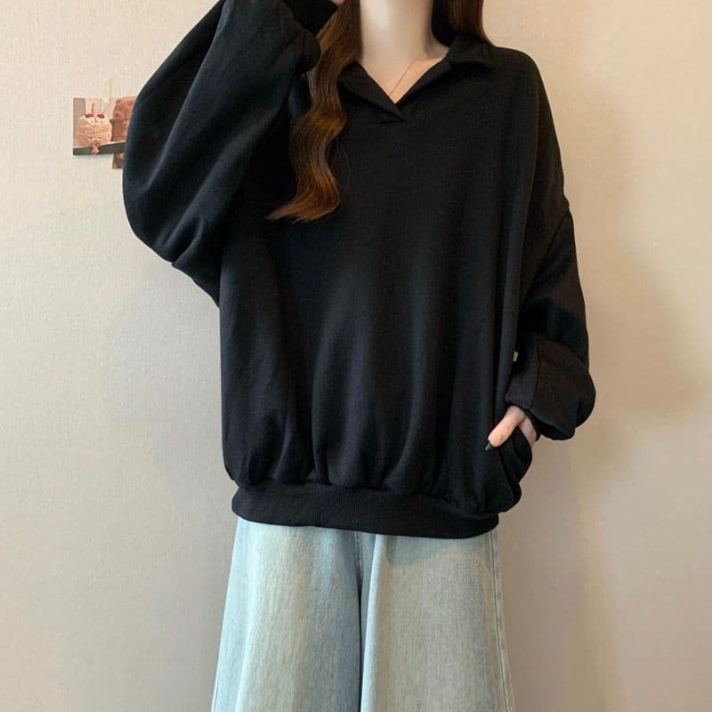 후아 면 chic 가을 겨울 작은 대중 느긋한 바람 POLO 칼라 루즈핏 캐주얼 다용도 벌룬 소매 풀오버 스웨트셔츠 여성 이미지 3
