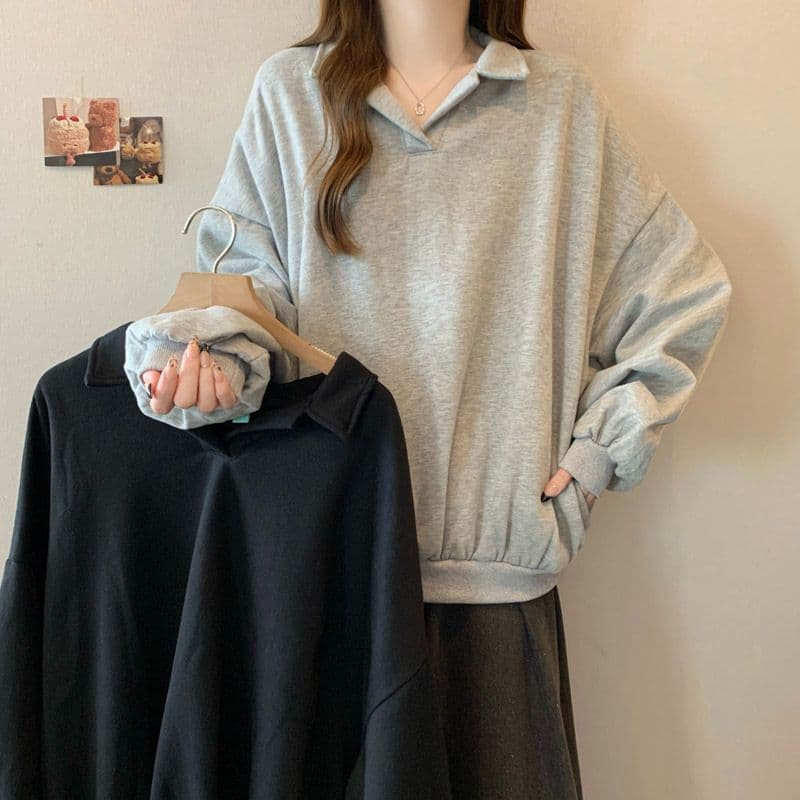 후아 면 chic 가을 겨울 작은 대중 느긋한 바람 POLO 칼라 루즈핏 캐주얼 다용도 벌룬 소매 풀오버 스웨트셔츠 여성 상세 이미지 1