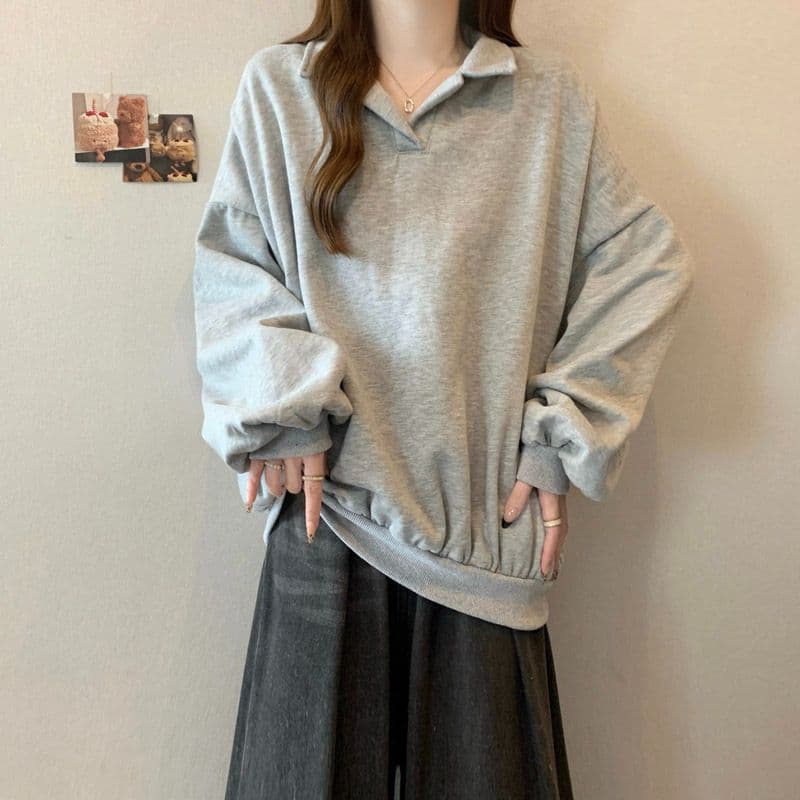 후아 면 chic 가을 겨울 작은 대중 느긋한 바람 POLO 칼라 루즈핏 캐주얼 다용도 벌룬 소매 풀오버 스웨트셔츠 여성 상세 이미지 2