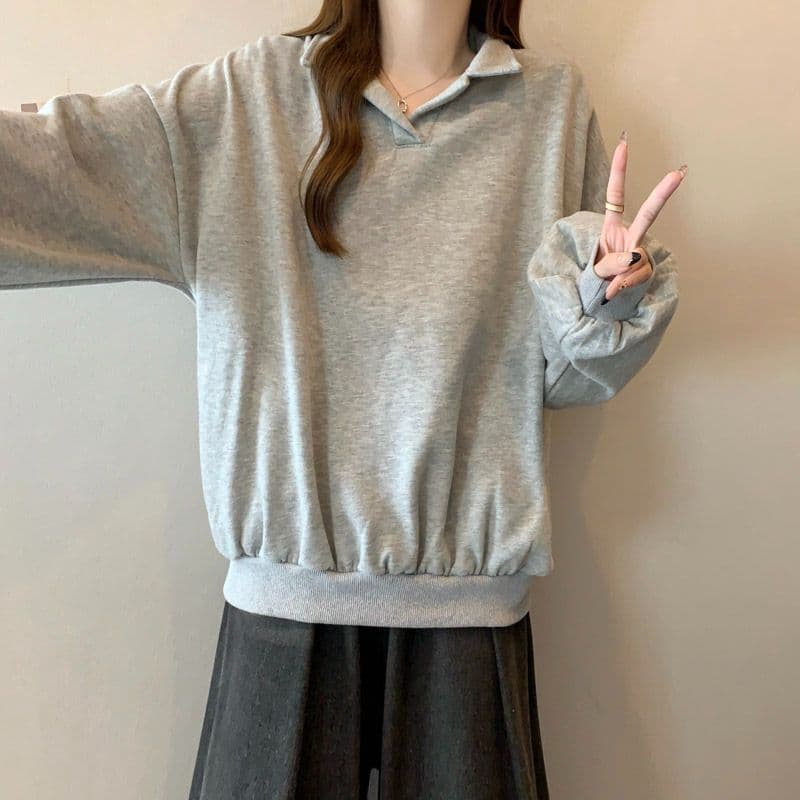 후아 면 chic 가을 겨울 작은 대중 느긋한 바람 POLO 칼라 루즈핏 캐주얼 다용도 벌룬 소매 풀오버 스웨트셔츠 여성 상세 이미지 4