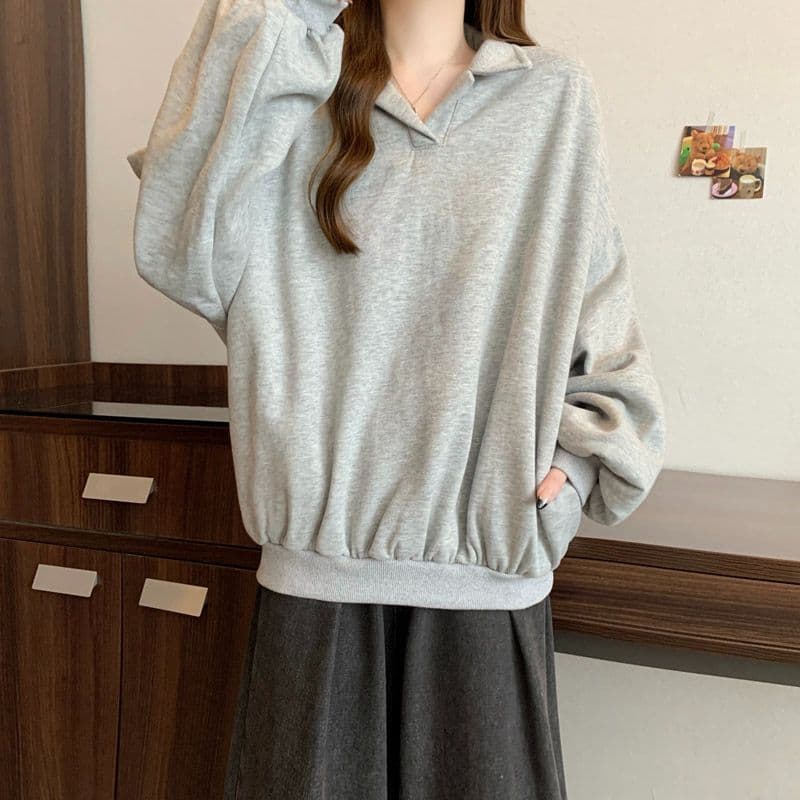 후아 면 chic 가을 겨울 작은 대중 느긋한 바람 POLO 칼라 루즈핏 캐주얼 다용도 벌룬 소매 풀오버 스웨트셔츠 여성 상세 이미지 5