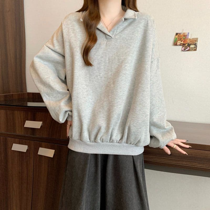 후아 면 chic 가을 겨울 작은 대중 느긋한 바람 POLO 칼라 루즈핏 캐주얼 다용도 벌룬 소매 풀오버 스웨트셔츠 여성 상세 이미지 7