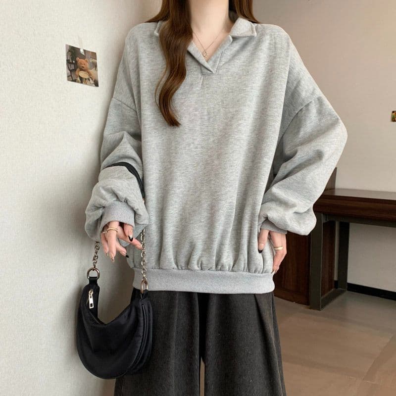 후아 면 chic 가을 겨울 작은 대중 느긋한 바람 POLO 칼라 루즈핏 캐주얼 다용도 벌룬 소매 풀오버 스웨트셔츠 여성 상세 이미지 8