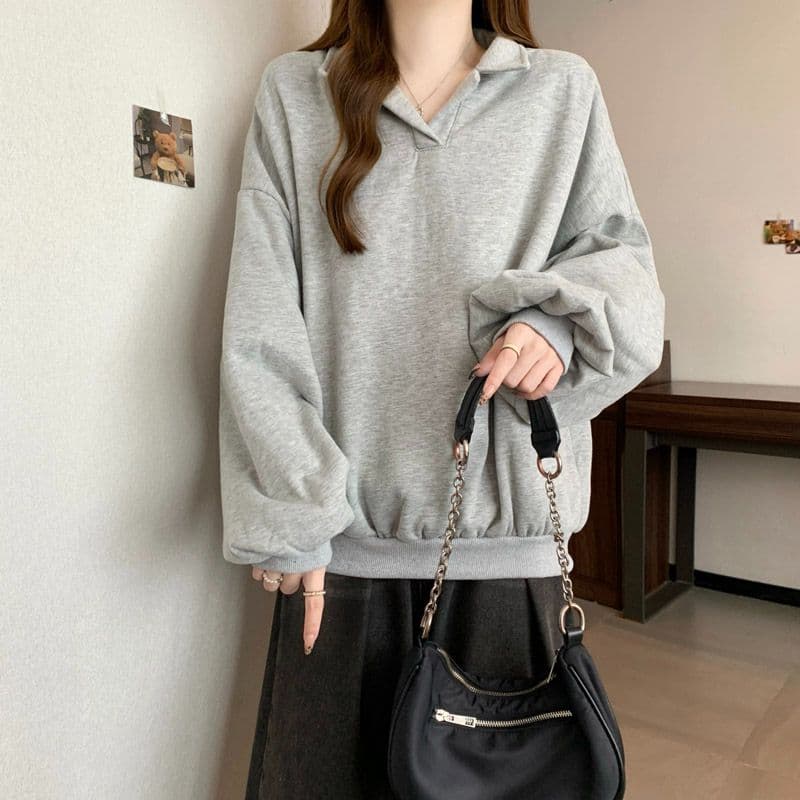 후아 면 chic 가을 겨울 작은 대중 느긋한 바람 POLO 칼라 루즈핏 캐주얼 다용도 벌룬 소매 풀오버 스웨트셔츠 여성 상세 이미지 9
