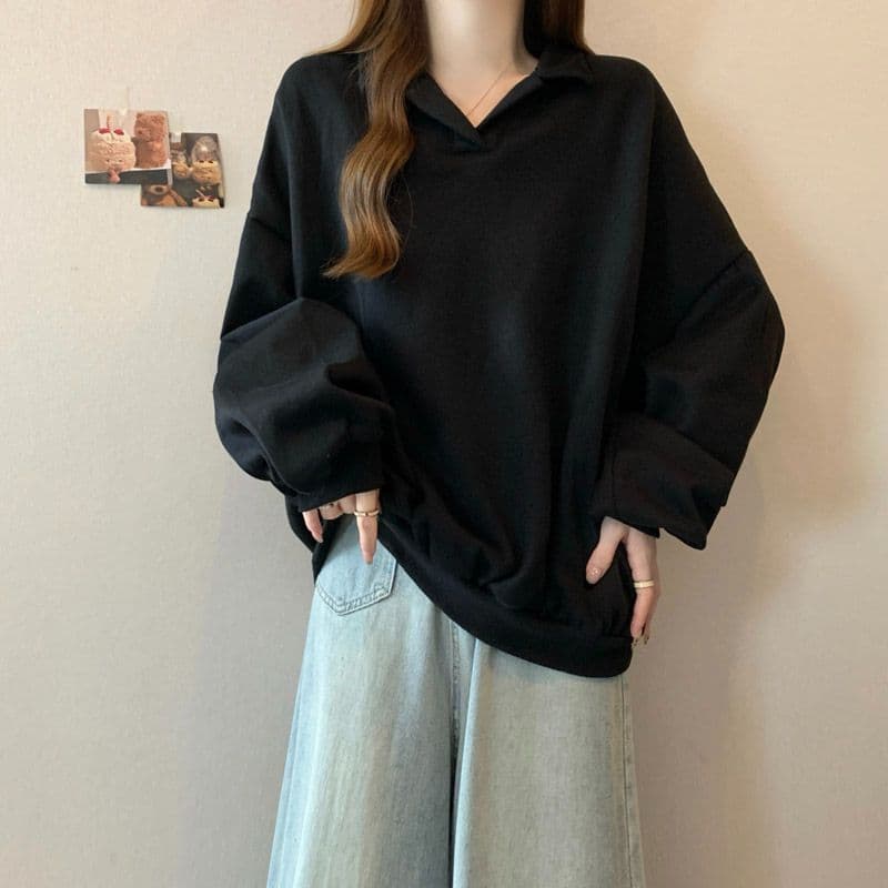 후아 면 chic 가을 겨울 작은 대중 느긋한 바람 POLO 칼라 루즈핏 캐주얼 다용도 벌룬 소매 풀오버 스웨트셔츠 여성 상세 이미지 12
