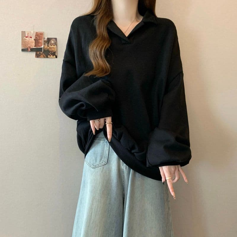 후아 면 chic 가을 겨울 작은 대중 느긋한 바람 POLO 칼라 루즈핏 캐주얼 다용도 벌룬 소매 풀오버 스웨트셔츠 여성 상세 이미지 13