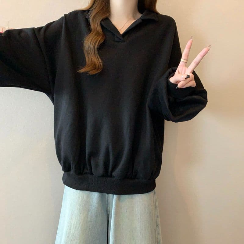 후아 면 chic 가을 겨울 작은 대중 느긋한 바람 POLO 칼라 루즈핏 캐주얼 다용도 벌룬 소매 풀오버 스웨트셔츠 여성 상세 이미지 14