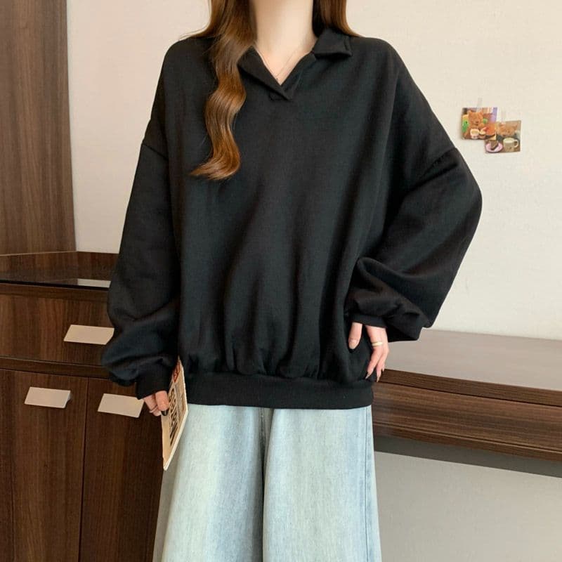 후아 면 chic 가을 겨울 작은 대중 느긋한 바람 POLO 칼라 루즈핏 캐주얼 다용도 벌룬 소매 풀오버 스웨트셔츠 여성 상세 이미지 15