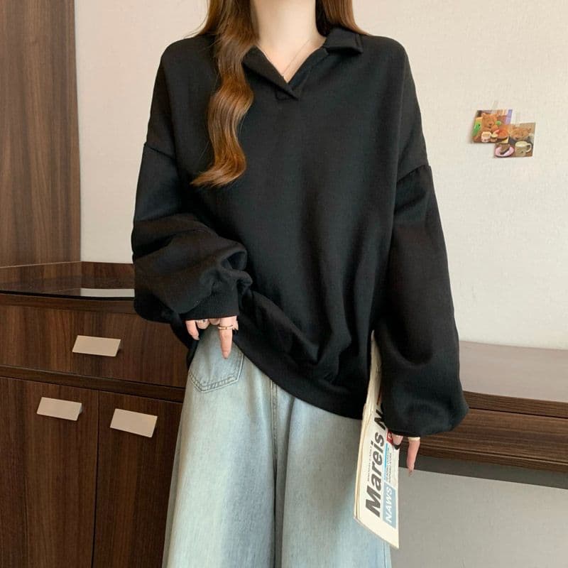 후아 면 chic 가을 겨울 작은 대중 느긋한 바람 POLO 칼라 루즈핏 캐주얼 다용도 벌룬 소매 풀오버 스웨트셔츠 여성 상세 이미지 16