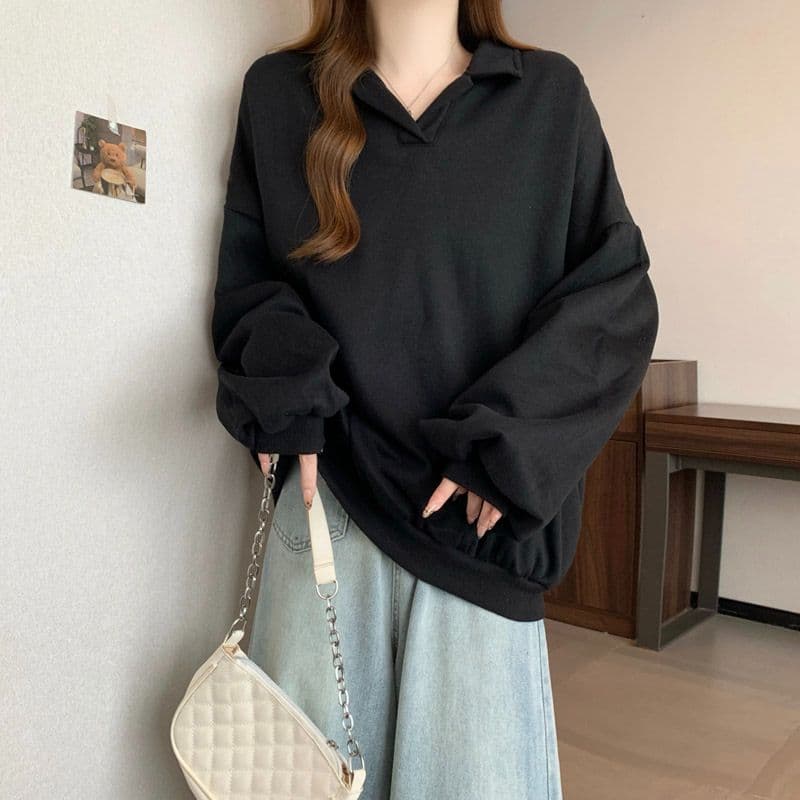 후아 면 chic 가을 겨울 작은 대중 느긋한 바람 POLO 칼라 루즈핏 캐주얼 다용도 벌룬 소매 풀오버 스웨트셔츠 여성 상세 이미지 17